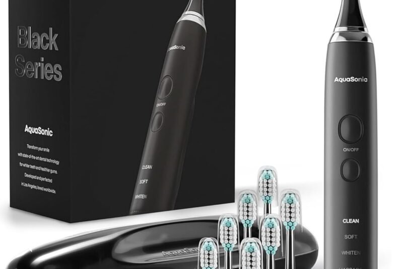 Aquasonic Geniune Black Series Electric Toothbrush – Ultra Whitening, Plaque Removal ADA Accepted, 4 Modes w Smart Timer, Wireless Rechargeable Toothbrush – 8 Brush Heads & Travel Case