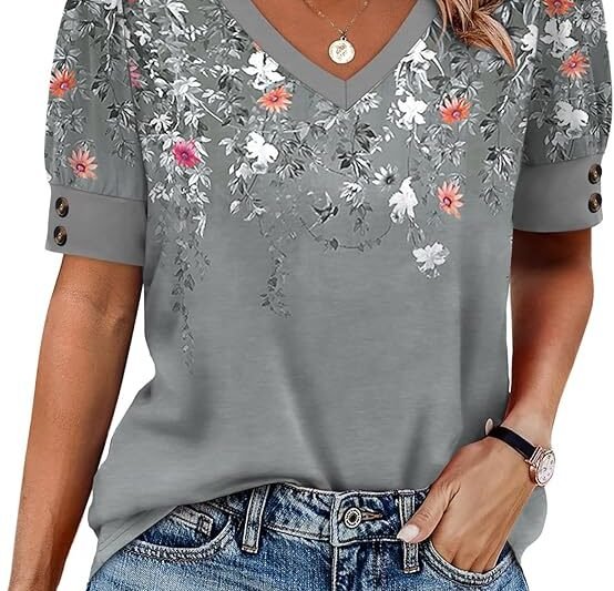 OFEEFAN Womens Tops Short Sleeve Shirts Buttons V Neck Spring Fashion Summer Outfits Plus Size Blouses Dressy Casual